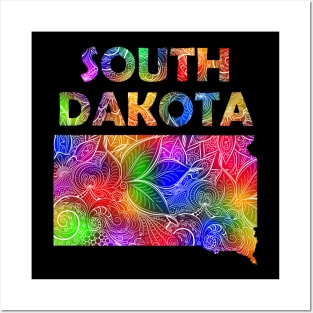 Colorful mandala art map of South Dakota with text in multicolor pattern Posters and Art